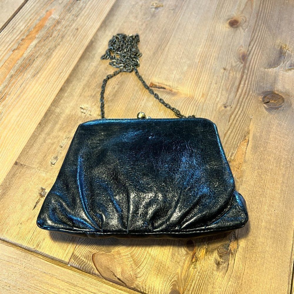 Vintage Black Leather Evening Bag with Mini Coin Purse